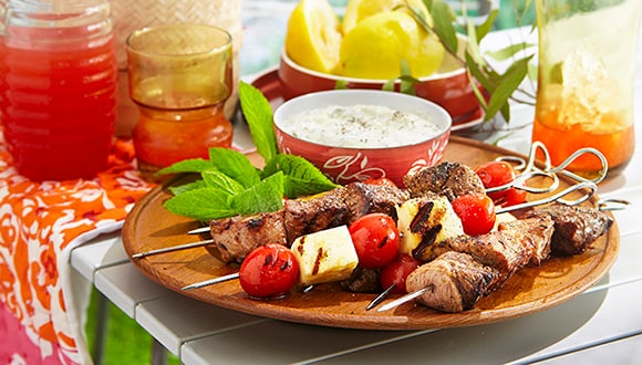 Lamb tomato and haloumi skewers